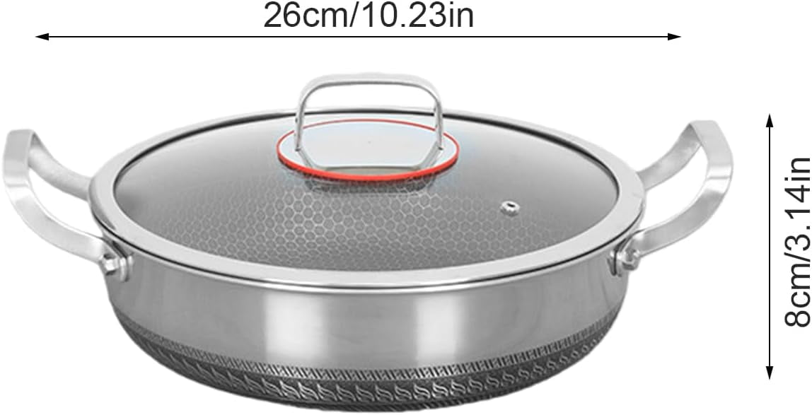 Double Handle Stainless Steel Hammered Pan with Lid, 26cm Non Stick Frying Pan Pro Cookware for Cooking, Scratch-Resistant, Suitable for All Cooktops（1pcs）