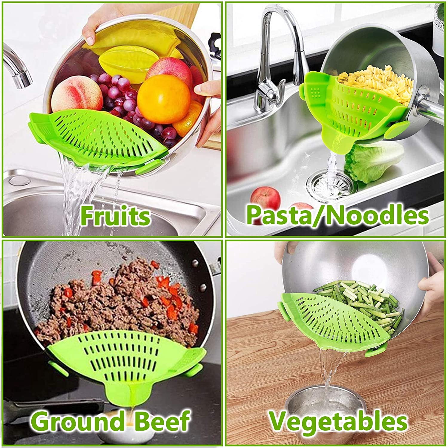 VICVEO Silicone Clip on Strainer, Patented Clip on Silicone Colander, Clip-on Kitchen Food Strainer for Pasta,Fits Almost Pots (Green)