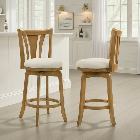Elle 30 in. Amber Glow Bar Height Rubberwood Swivel Barstool with Ivory Fabric Seat - Set of 2