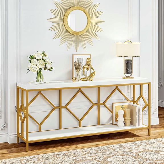Resenkos Entryway Table, Console Sofa Table,2-Tier Console Table, 71" Extra Long Sofa Table with Open Storage Shelf,White & Gold