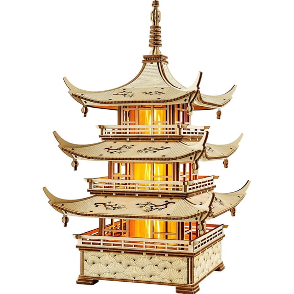 Wood Trick Harmony Tower Pagoda Temple LED 3D Wooden Puzzles for Adults to Build - Delicate Engravings - 2-Mode Lighting - Engineering DIY Project Mechanical 3D Puzzle Model Kits for Adults