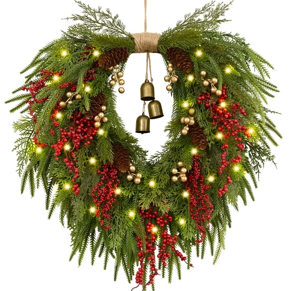 Yastouay 24" Christmas Wreath with Lights Bells, Artificial Heart Shape Norfolk Pine Wreath with Red Berries for Wall Porch Home Xmas Decor