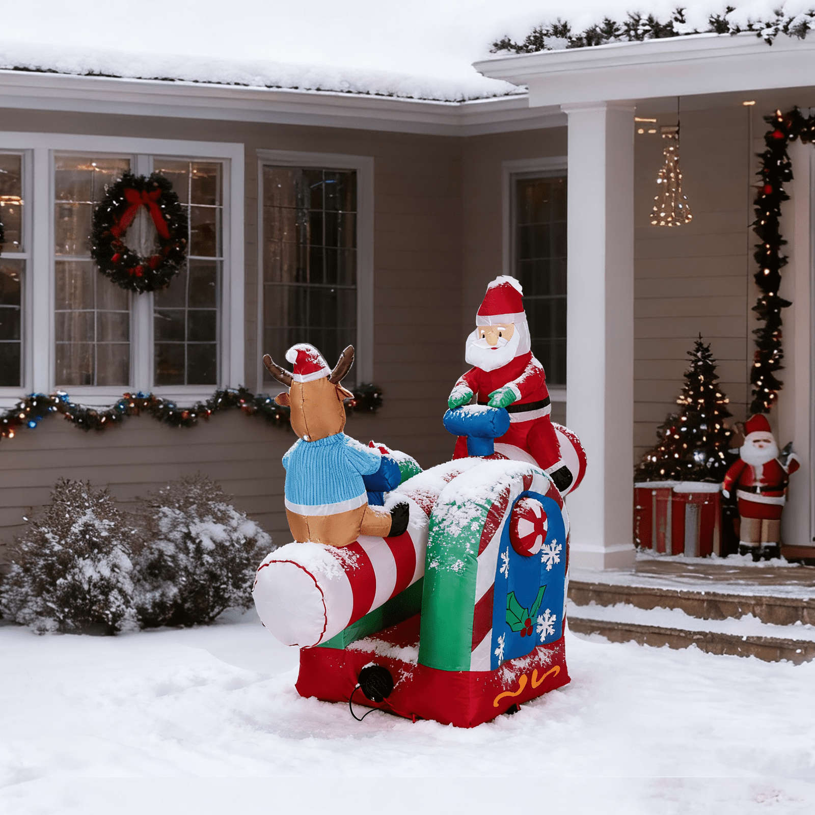 Astoutdoor Lighted Christmas Inflatable Decoration, Motorized Seesaw with Santa and Reindeer, 55.1 x 28.3 x 47.2 in, Built-in LED Lights, Blow Up Yard Decor