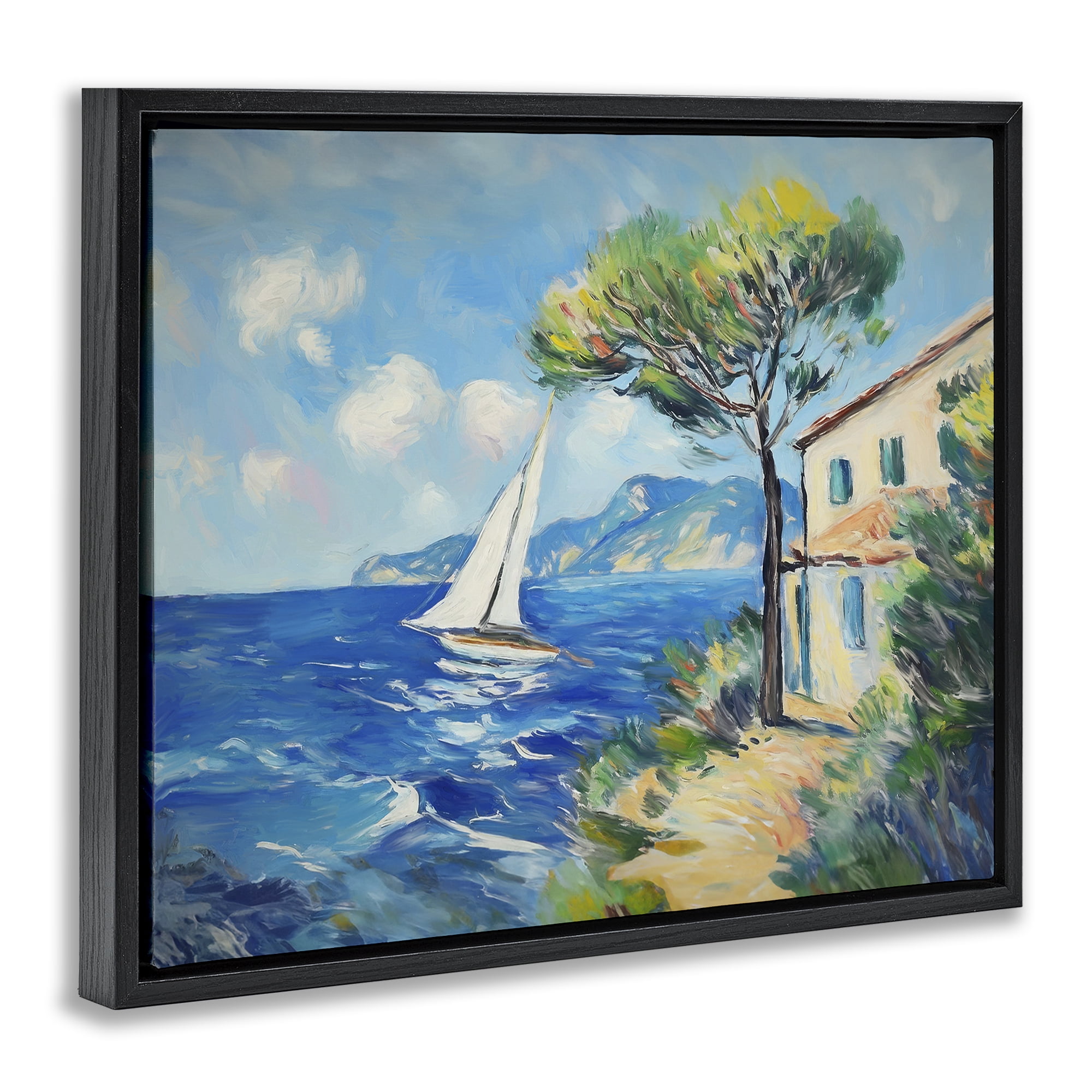 Stupell Industries Sailboat & Beach Villa Coastal Painting Black Floater Framed Canvas Art Print Wall Art, 21 x 17
