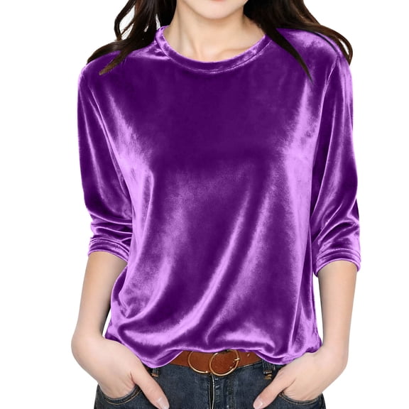 OGLCCG Velvet Tops for Girls 3/4 Length Sleeve Round Neck Dressy Velour Tops Solid Color Trendy Casual Elegant Holiday Party Tunic Blouses 3-14 Years