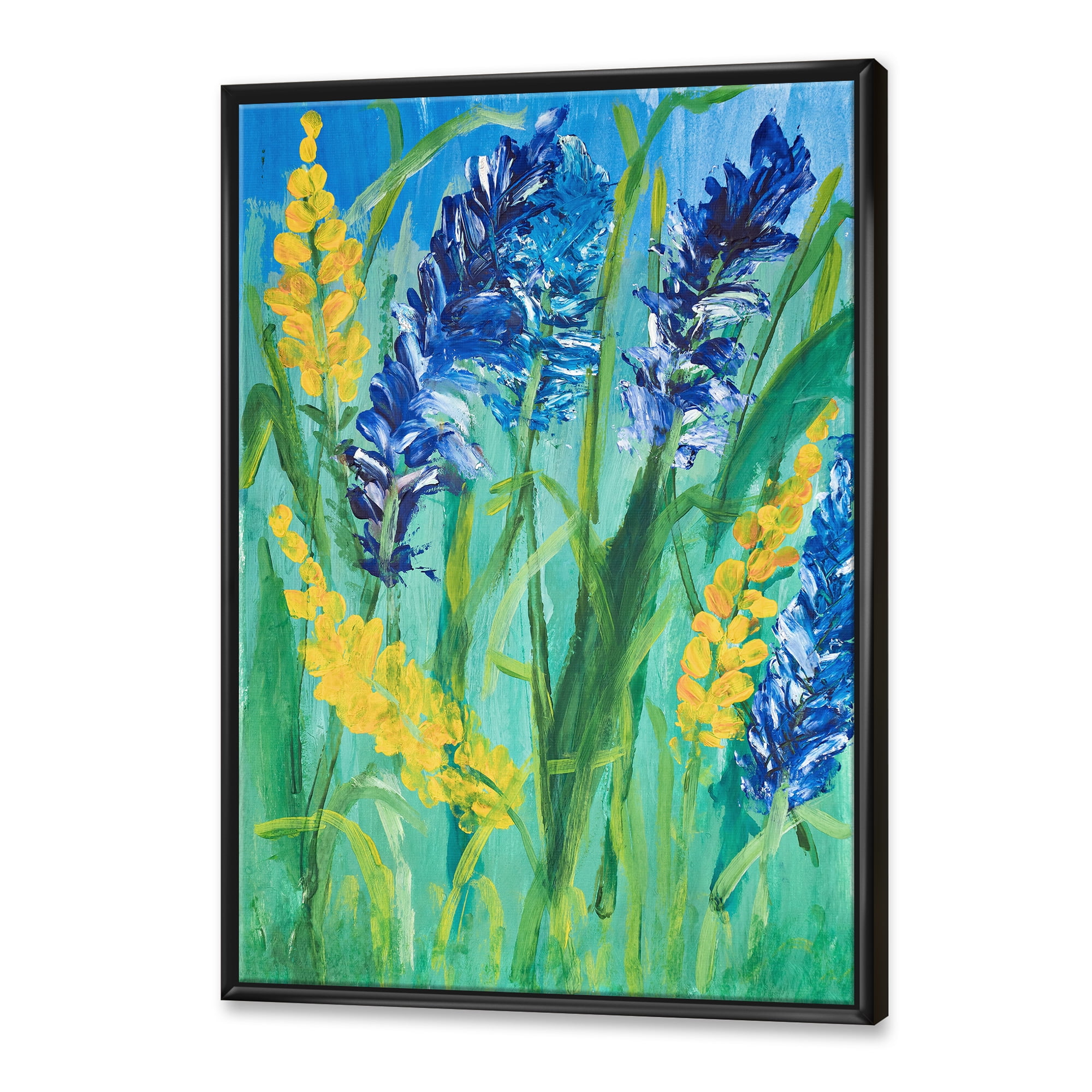 Yellow and Blue Wild Flowers and Grass Gouache 16 in x 32 in Framed Painting Canvas Art Print, by Designart