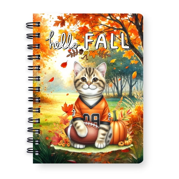 Hello Fall American Shorthair Football Welcome Autumn with Leaves Pumpkins Spiral Bound Journal Cat Lover Kitten Owner Gifts 5x7in Spiral Notebook - 00012