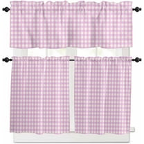 Blue Grid Kitchen Curtains, Checkered Plaid Gingham Lattice Trellis Print 3-Piece Kitchen Curtain Valance and Tiers Set 24 Inch Length, Rod Pocket Half Window Curtains for Cafe Living Room Bathroom