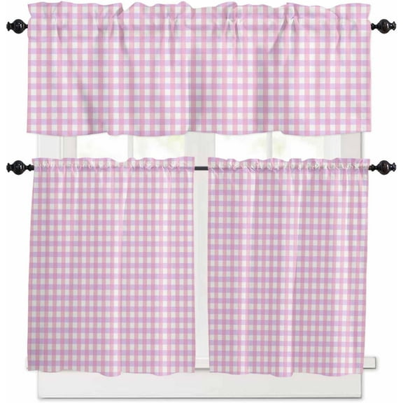Blue Grid Kitchen Curtains, Checkered Plaid Gingham Lattice Trellis Print 3-Piece Kitchen Curtain Valance and Tiers Set 24 Inch Length, Rod Pocket Half Window Curtains for Cafe Living Room Bathroom