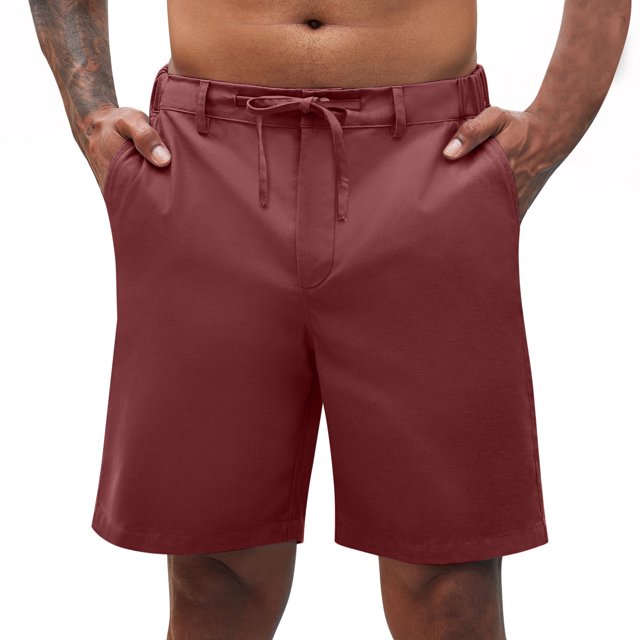 Ndbuld Mens Golf Shorts 7 Inch Inseam Men's Linen Solid Color Shorts Summer Fashion Outdoor Shorts Daily Breathable Straight Leg Shorts on Clearance Wine S