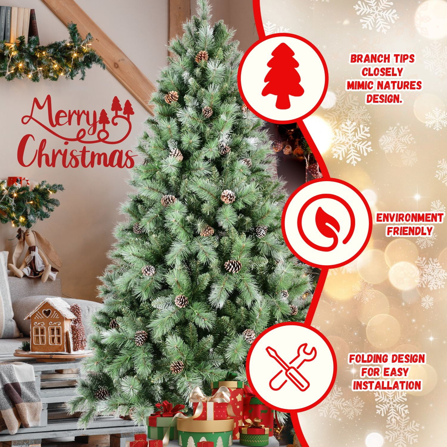 7FT Christmas Tree with 82 Pine Cones, 1348 Tips, Mixed PVC & Hard Needle Branches, Hinged Structure for Easy Setup, Sturdy Metal Stand, Realistic Full Holiday Tree