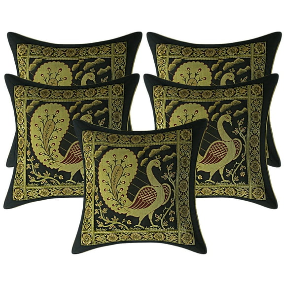 Stylo Culture Ethnic Bohemian Decorative Brocade Black And Gold Sofa Throw Pillow Covers 12x12 Jacquard Weave Banarsi Couch Throw Pillow Covers Dancing Peacock 30x30 cm Cushion Covers (Set Of 5)