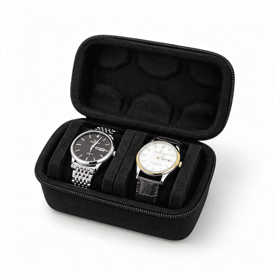 DESIGNICE Double Watch Travel Case Hard Shell Watch Storage Box for 2 Watches,Portable Zipper Watch Organizer with Soft Foam Interior,Black,Portable Zipper Watch Organizer Watch Travel Case