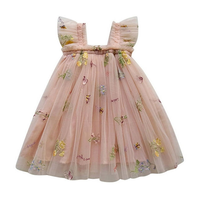 SXcggal One Robe Princesse Brodée à Manches Volantes pour Filles Tout-Petits Robe de Danse de Fête Florale Vêtements Respirants Mignons