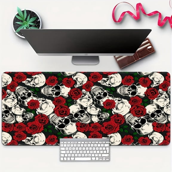HELLOYOUNG Oversized Mouse Pad Non Slip Desk Mat, White Skull and Red Rose Gaming Mousepad with Stitched Edge, Durable Rubber Office Desk Pad, Holiday Gift for Gamers and Home Office