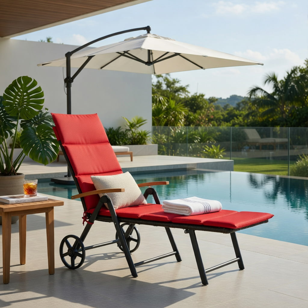 Hommoo Adjustable Folding Outdoor Rattan Lounge Chair with 2 Wheels, PE Wicker Recliner for Patio, Pool & Beach, Red