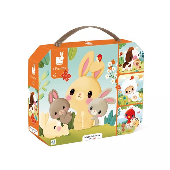 Janod - 4 Puzzles à Difficulté Progressive - Ferme - 6, 9, 12, 16 Pièces - Taille 20 x 20 cm - Apprentissage Précoce - Compétences Motrices Fines - Pour Enfants à partir de 18 Mois + - Multilingue - J