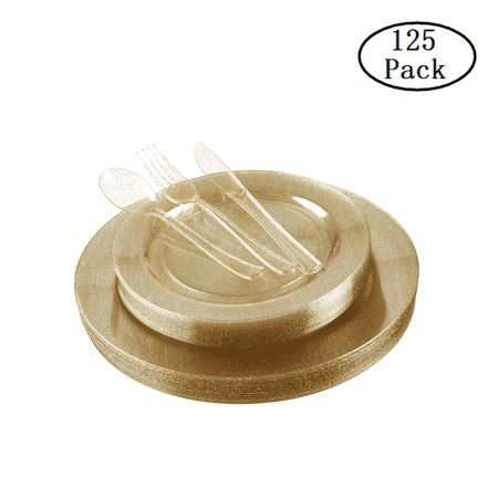 Tom Plate - Top Knobs Plastic Silverware, Party Plastic Flatware, Disposable Plastic Glitter Cutlery include 25 Dinner Plates, 25 Salad Plates, 25 Forks, 25 Knives, 25 Spoons (gold glitter)