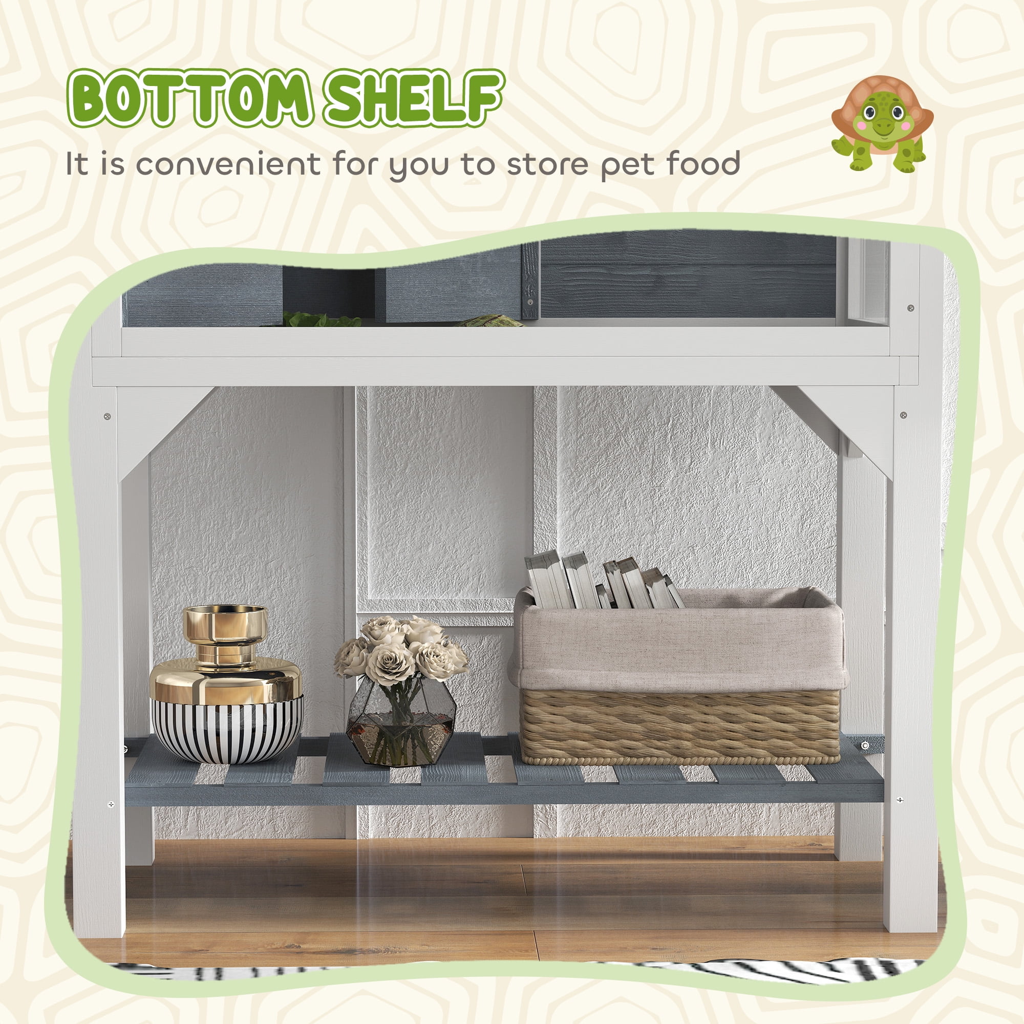 Tortoise House & Turtle Cage Enclosure with Basking Area, 2-Room Habitat with Viewing Windows, Lamp Holder, Easy Clean Tray & Storage Shelf, 33.3"L Fir Wood Terrarium
