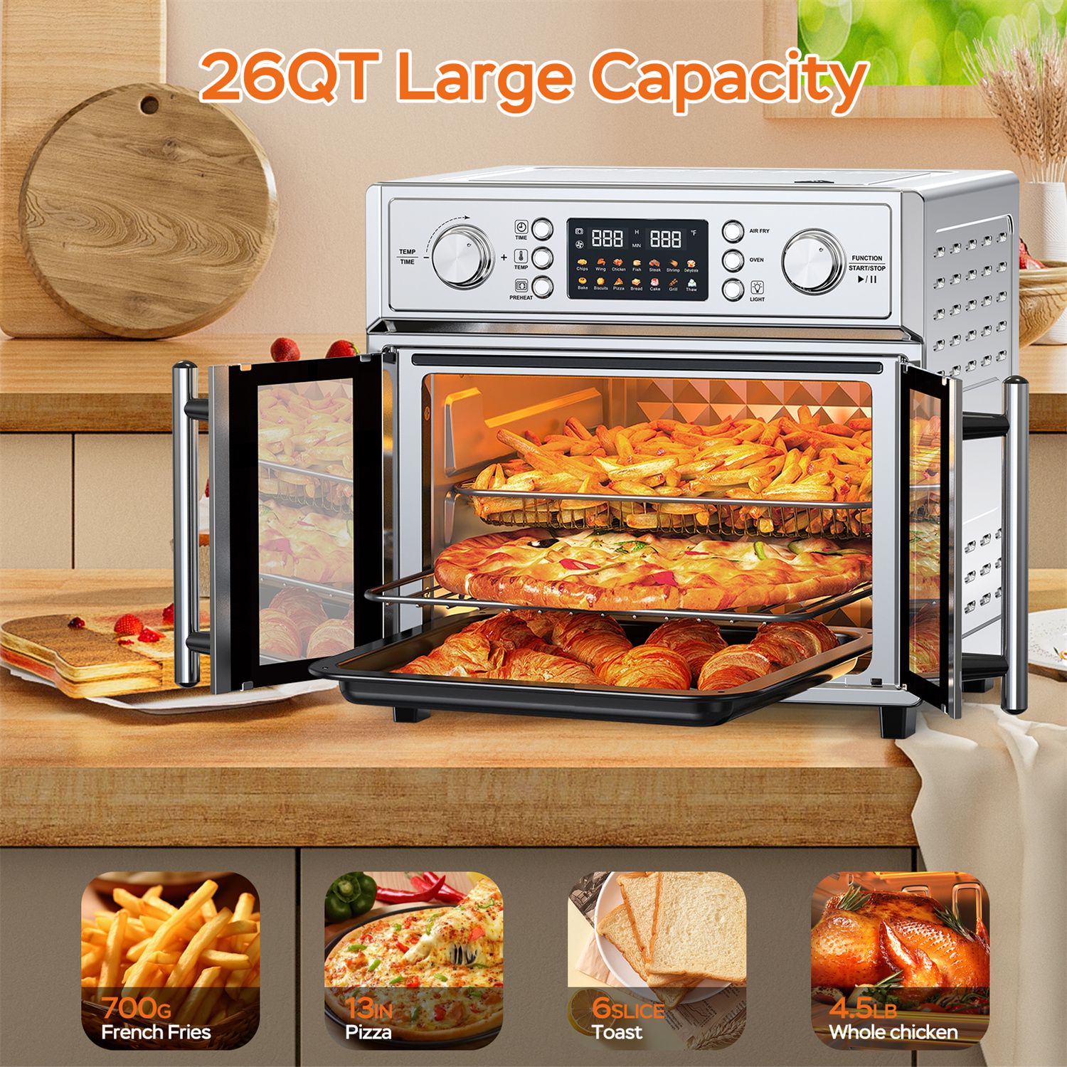 Plum Chef 27.5-Quart French Door Air Fryer Toaster Oven, 14-in-1 Combo Stainless Steel Countertop Oven with Digital Display & Dual Knobs, Silver