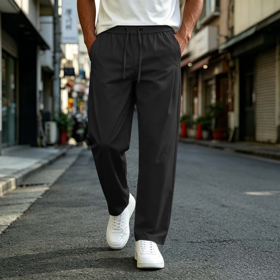 Mifsaly Mens Lightweight Pants Drawstring Elastic Waist Straight Leg Work Pants Breathable Golf Travel Business Casual Bottoms with Pockets Black,S
