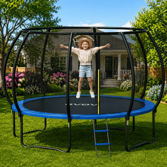 GVDV 10FT Outdoor Trampoline, Backyard Recreational Pumpkin Trampoline with Enclosure for Kids