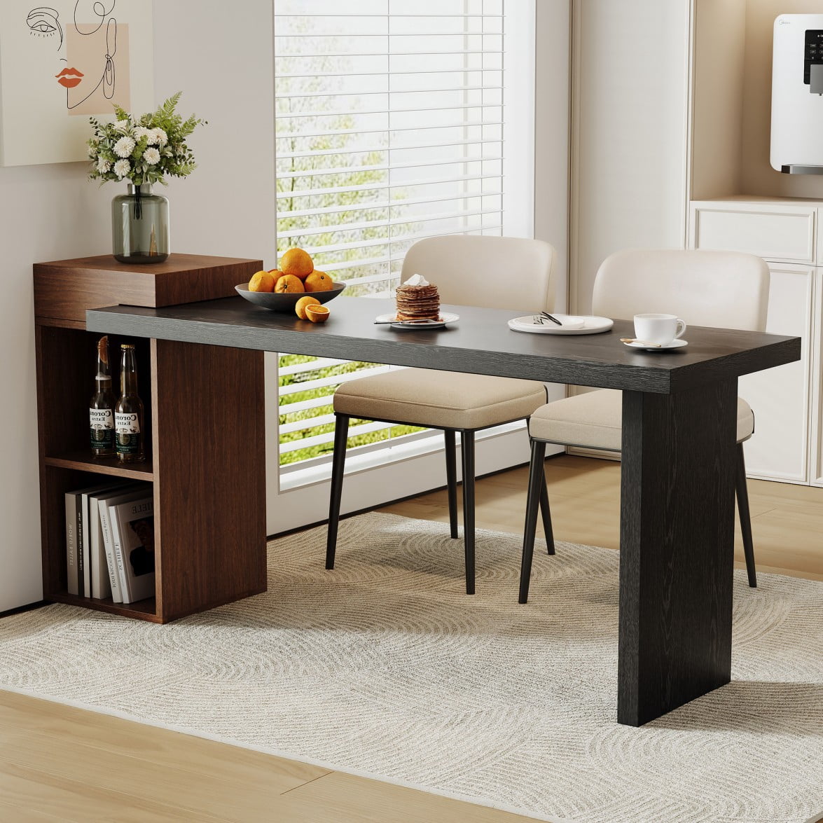 Two-Tone Side Table, Wood Grain MDF Console Table with 2-Tier Open Storage Shelves, Narrow Sofa Table for Entryway, Living Room & Bedroom, Black & Walnut