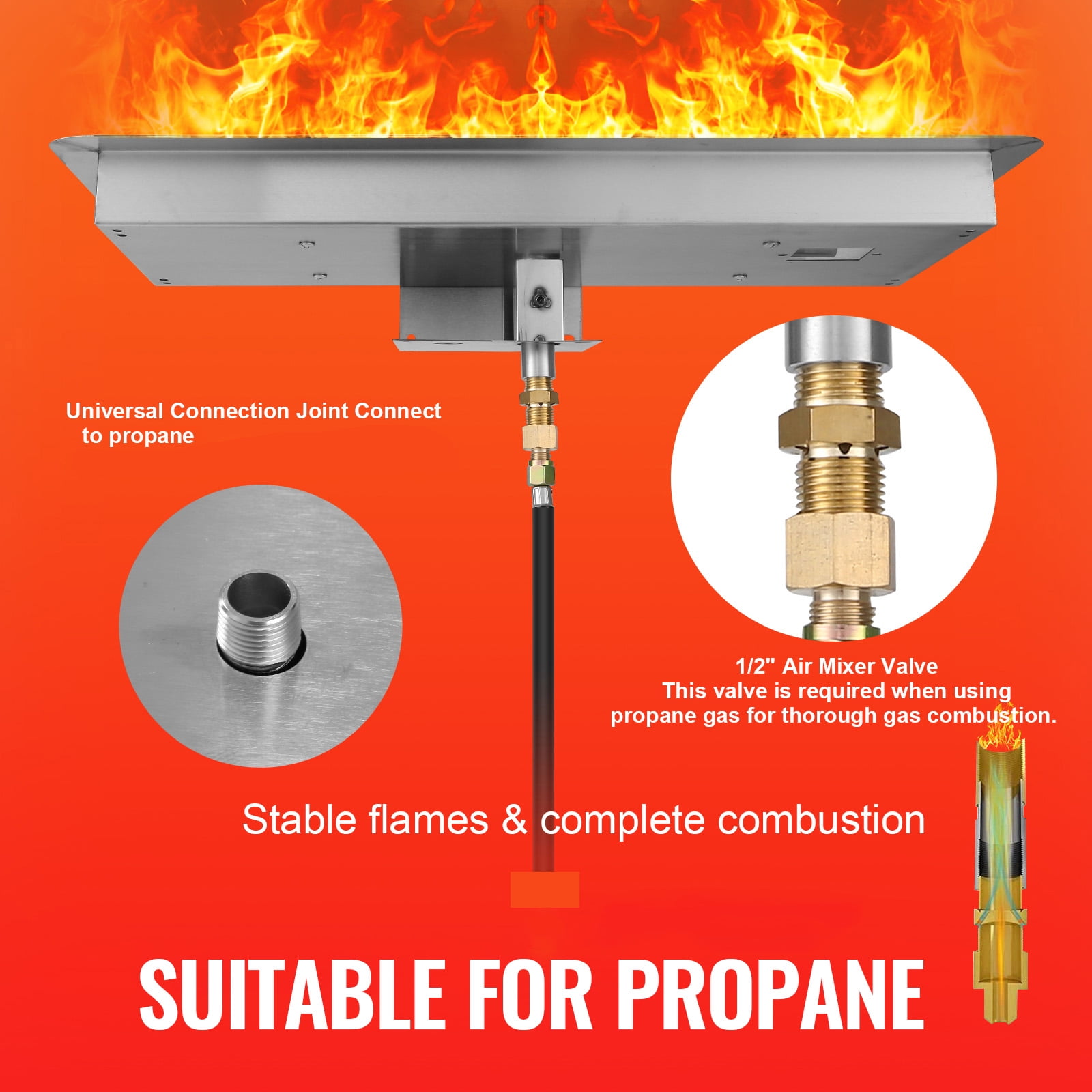 SKYSHALO 24x8 inch Stainless Steel Fire Pit Insert, Rectangular Burner Kit for Gas, 120,000 BTU H-Burner, Suitable for Indoor and Outdoor Settings