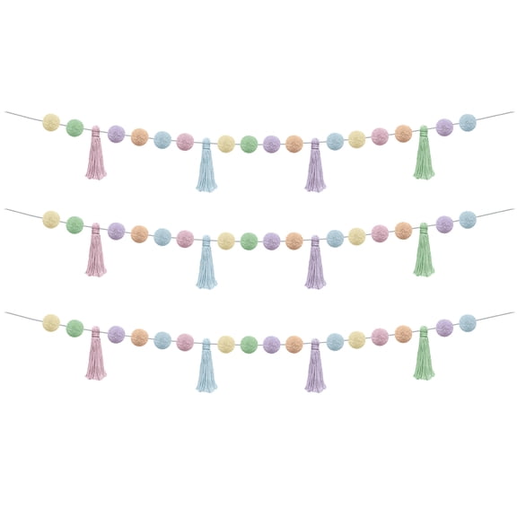 Teacher Created Resources Pastel Pop Pom-Poms and Tassels Garland, 60", Pack of 3
