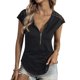 thumbnail image 1 of Mujer Cremallera Cuello en V Encaje Crochet Ojal Top Manga corta Camisa casual Transpirable Color puro, 1 of 6