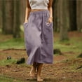 thumbnail image 4 of Cavosen Skirts for Women Trendy Cotton Linen Elastic Waist Solid Color Midi Skirts Elegant Lightweight Flowy Trendy Calf Length Skirts Work Comfort Fall Winter Clothes Purple, 4 of 9
