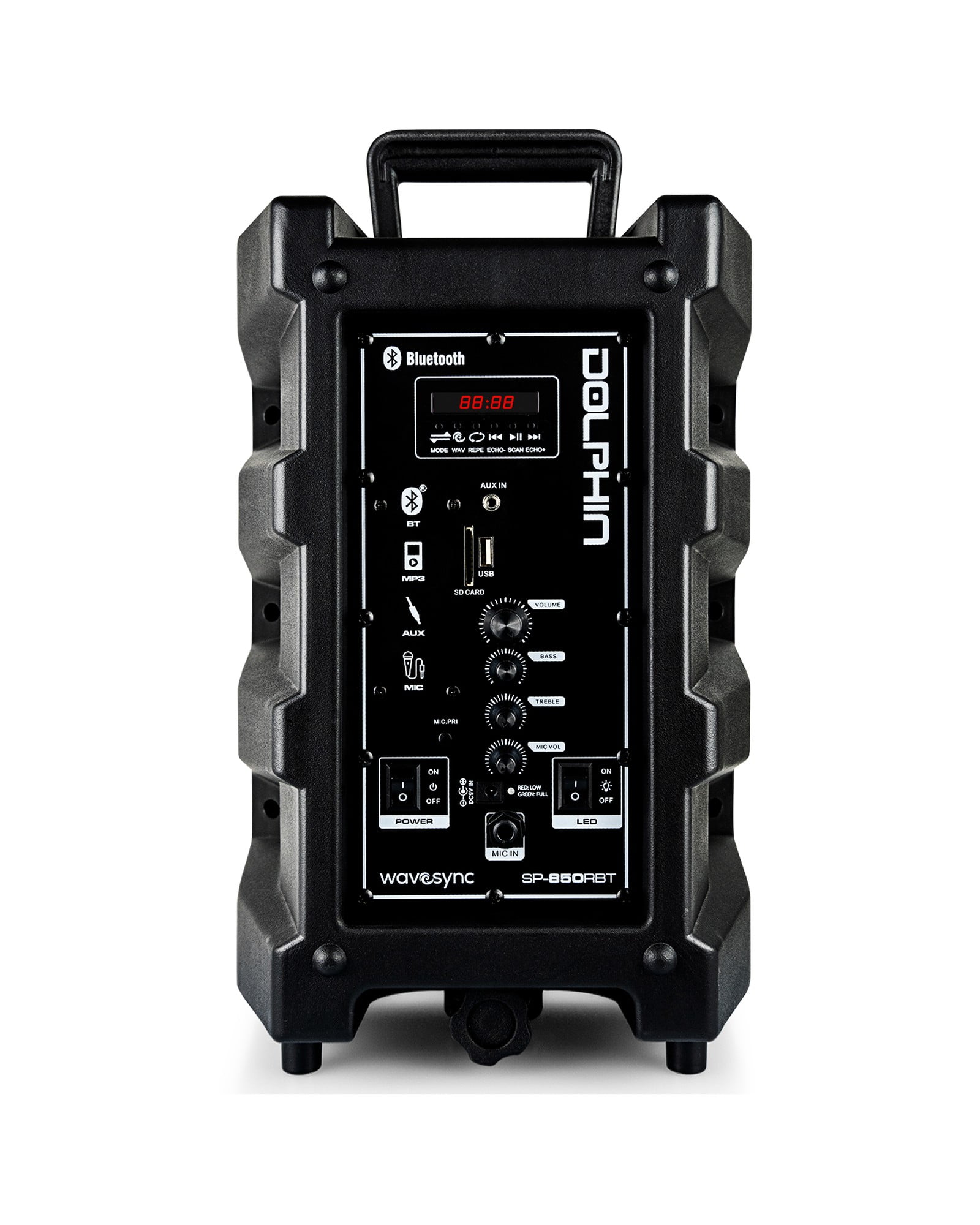 Dolphin SP-850RBT 8-in Portable Bluetooth Party Speaker with Mic, Lights, FM Radio, USB, Rechargeable Battery
