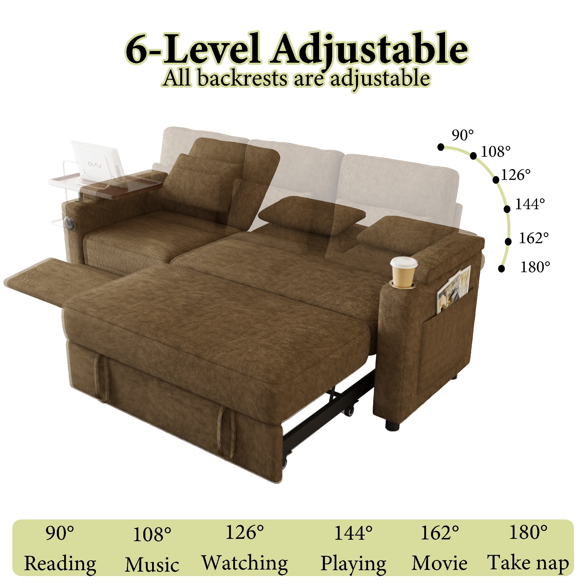 83" 3-in-1 Chenille Foldable Sofa Bed with Electric Chair,USB Ports,Table Board,Storage Armrests & Adjustable Backrest,3-Seater Sleeper,khaki