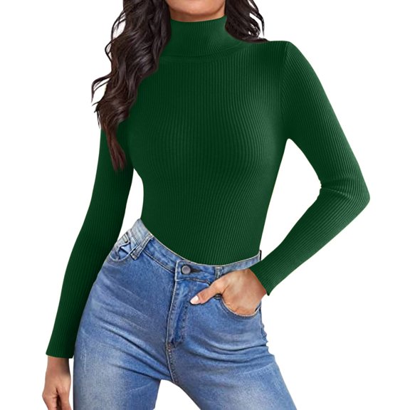 TrdSipl Womens Turtleneck Sweaters Casual Long Sleeve Pullover Sweaters Winter Mock Neck Knit Tshirt Warm Slim Fit Basic Tops Dark Green M