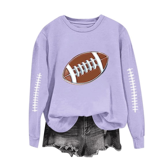 thefmos Women's Fall Winter Long Sleeve Graphic Pullover Tops Round Neck Casual Loose Football Printed Tshirt Blouses Cute Trendy Sweatshirt Vacation Fashion Clothes, Purple S