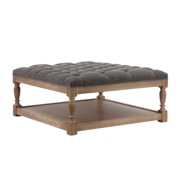 Benjara Xena Coffee Table- 36" Tufted Frost Gray Upholstery- Solid Wood