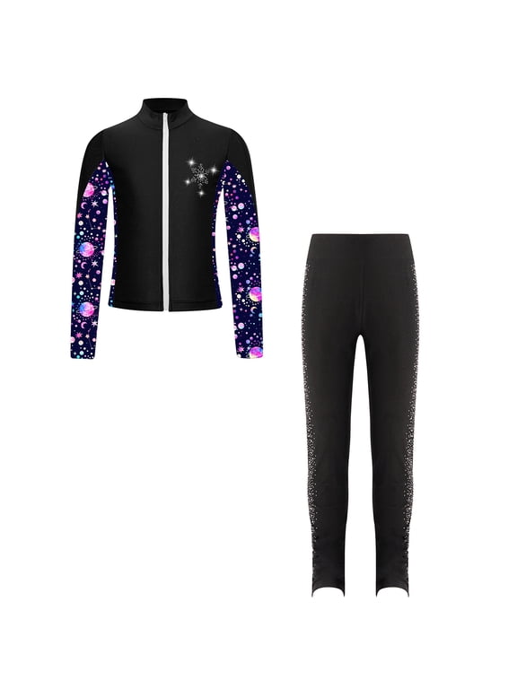 Girls Figure Ice Skating Training Suit Practice Jacket Outerwear with Rhinestones Leggings Set Black 16