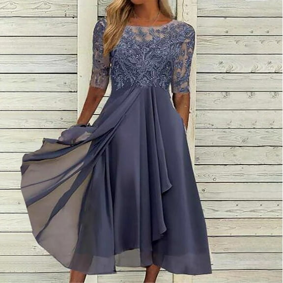 YWDJ Formal Dresses for Women Bridesmaid Dresses Midi Wrap Tulle Mesh Lace Knee Length Chiffon Solid Half Sleeve Round Neck Waist Party for Wedding Guest Evening Party Graduation Birthday Tea Party