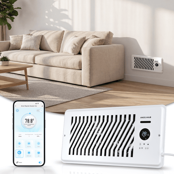 ANGELHALO 4"×10" Register Booster Fan for Central AC & Heating – Smart Vent Fan 130 CFM, WiFi App Alexa Ctronl, 10-Speed Quiet Vent Fan with Thermostat