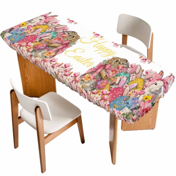 Easter Table Cloths for 8 Foot Rectangle Tables, Spring Floral Watercolor Easter Eggs Bunny Flower Bow Patio Waterproof Elastic Fitted Tablecloths, Washable Rectangular Table Cover for Camping