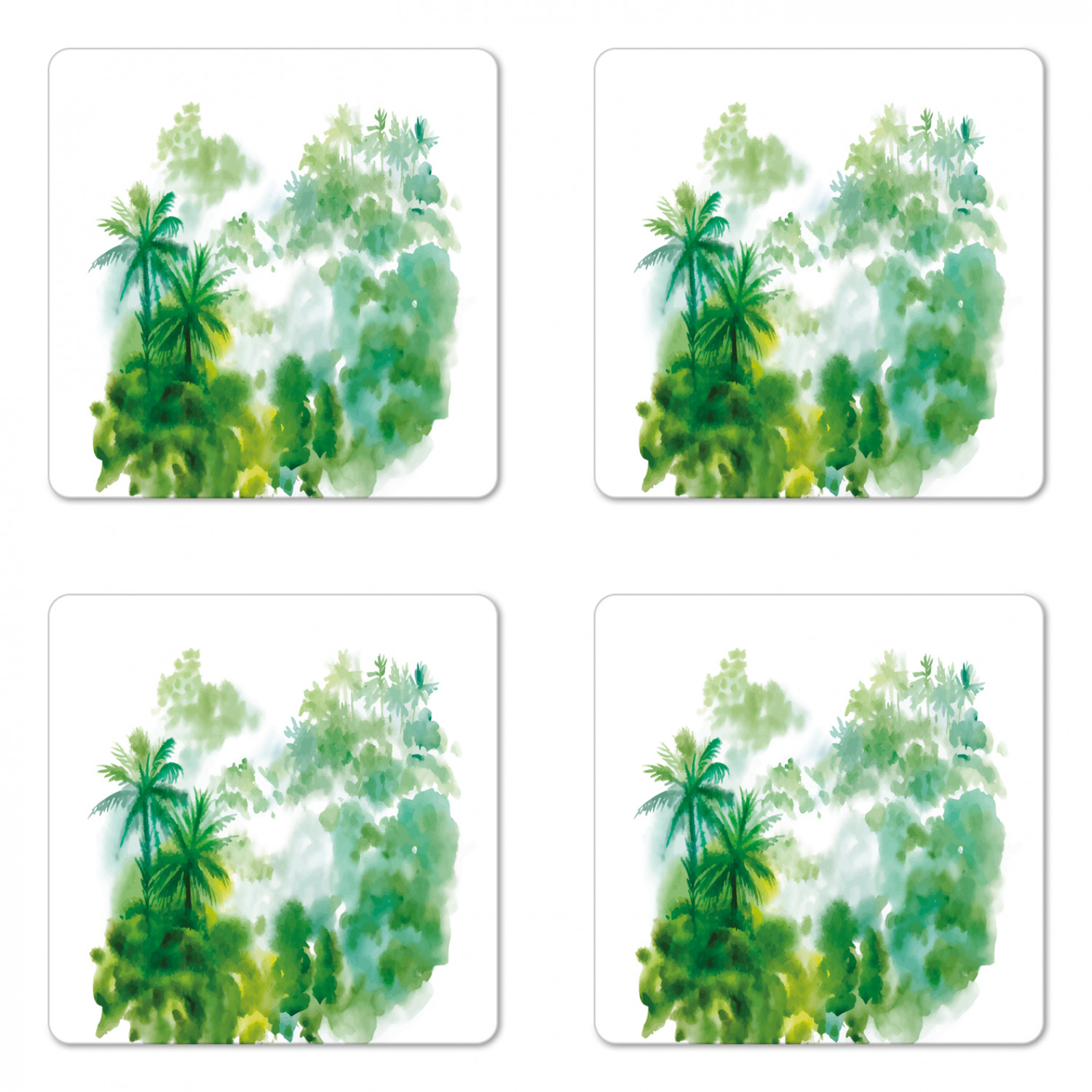 Green Coaster Set of 4, Abstract Watercolor Image of Forest Palm Trees