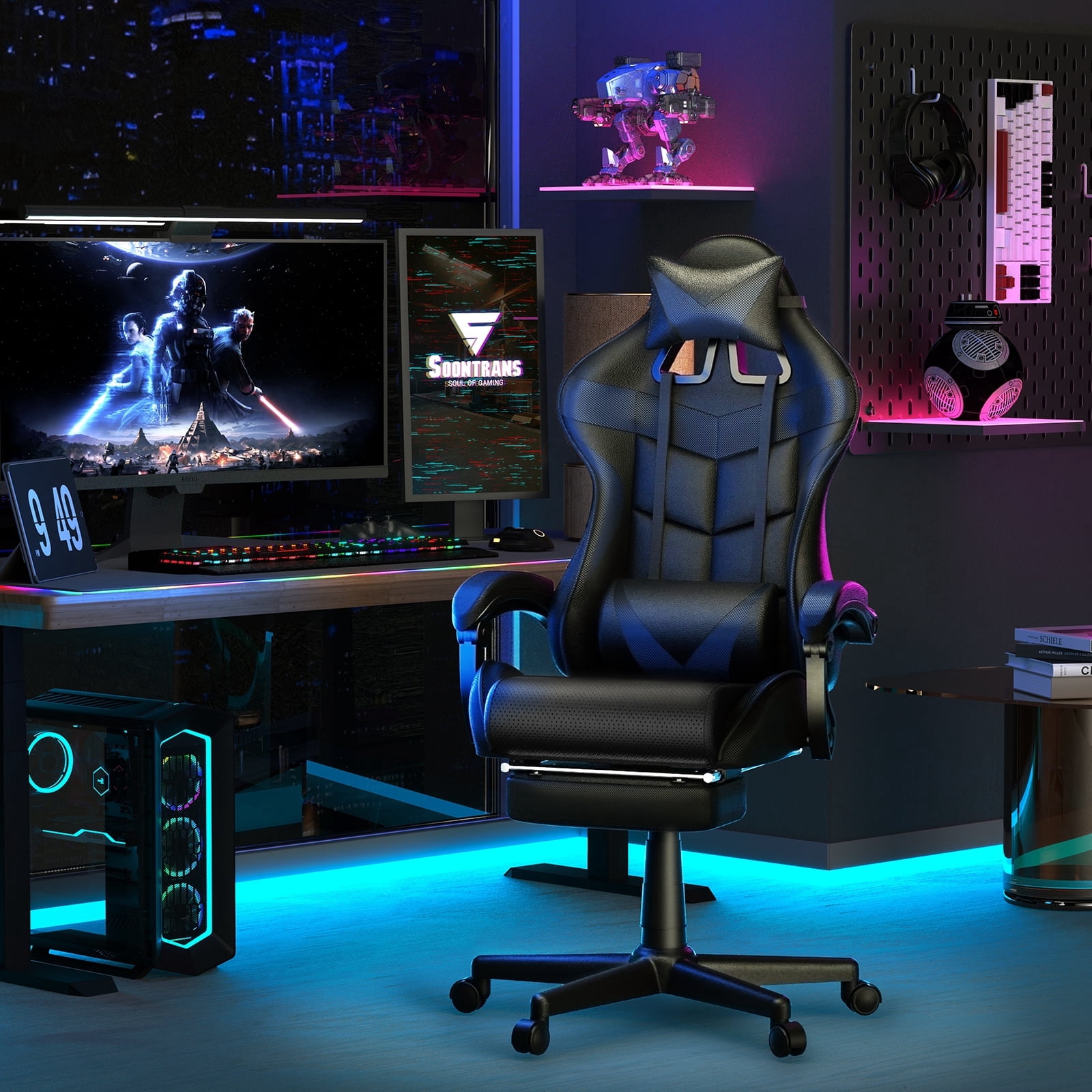 Soontrans Gaming Chair with Footrest and Ergonomic Massage Lumbar Pillow PU Leather Office Chair, Black