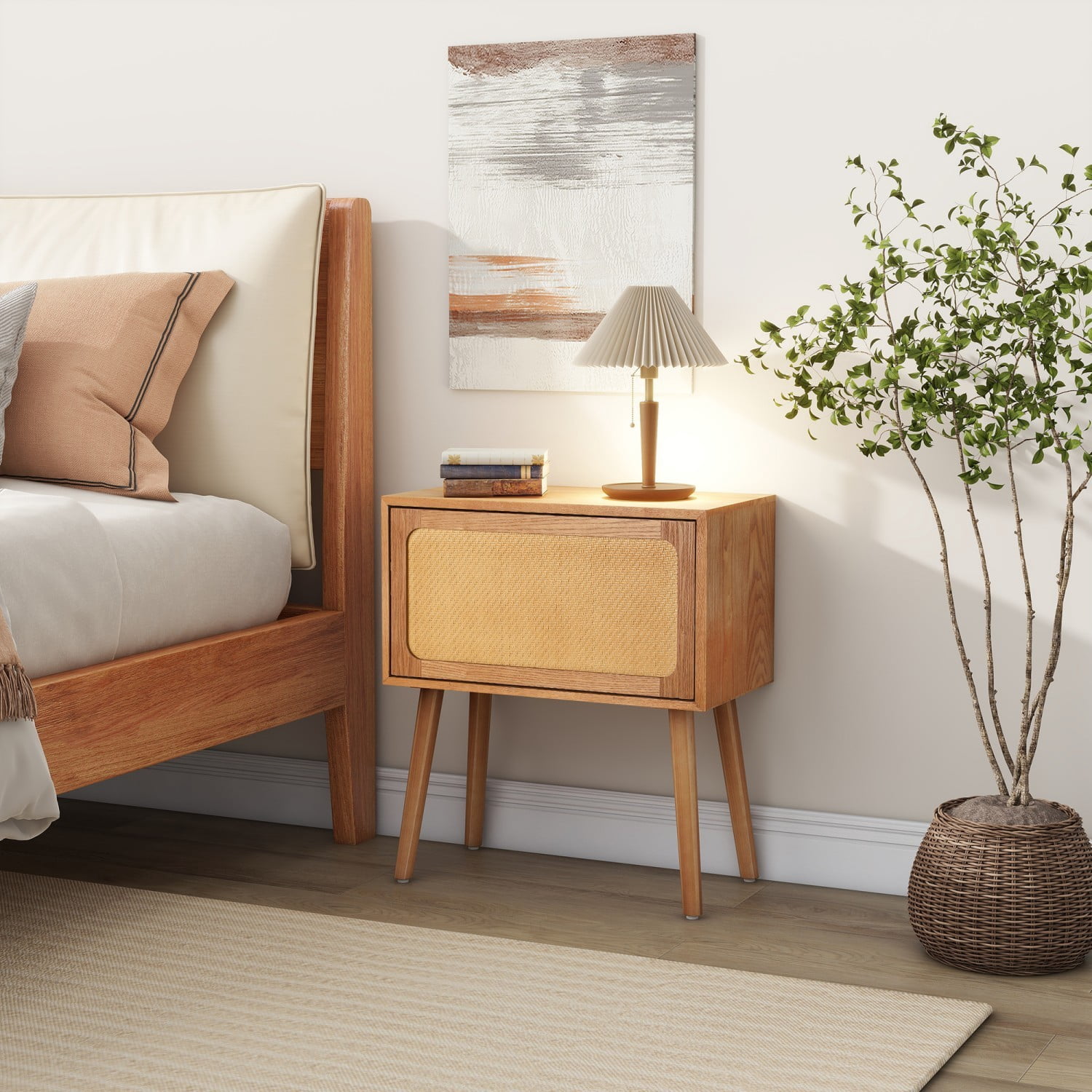 Rotating Hidden Compartment Nightstand, Mid Century Modern Rattan Bedside Table with Concealed Storage, Wood Legs End Table for Bedroom Living Room Dorm, Natural
