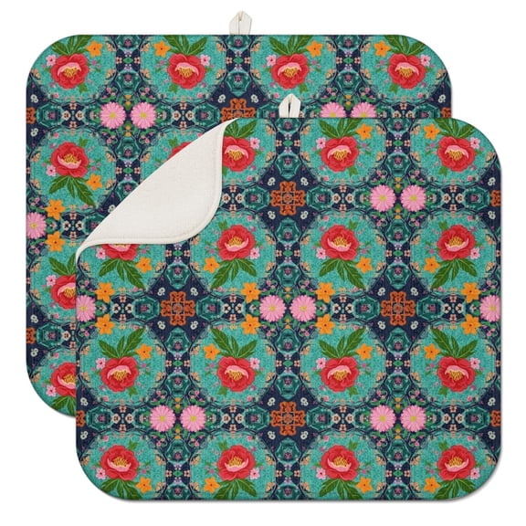 Pioneer Flower Floral Print Pattern Kitchen Dish Drying Mat 1 Pack, Ultra Absorbent Microfiber Drainer Mat, 16"x18"