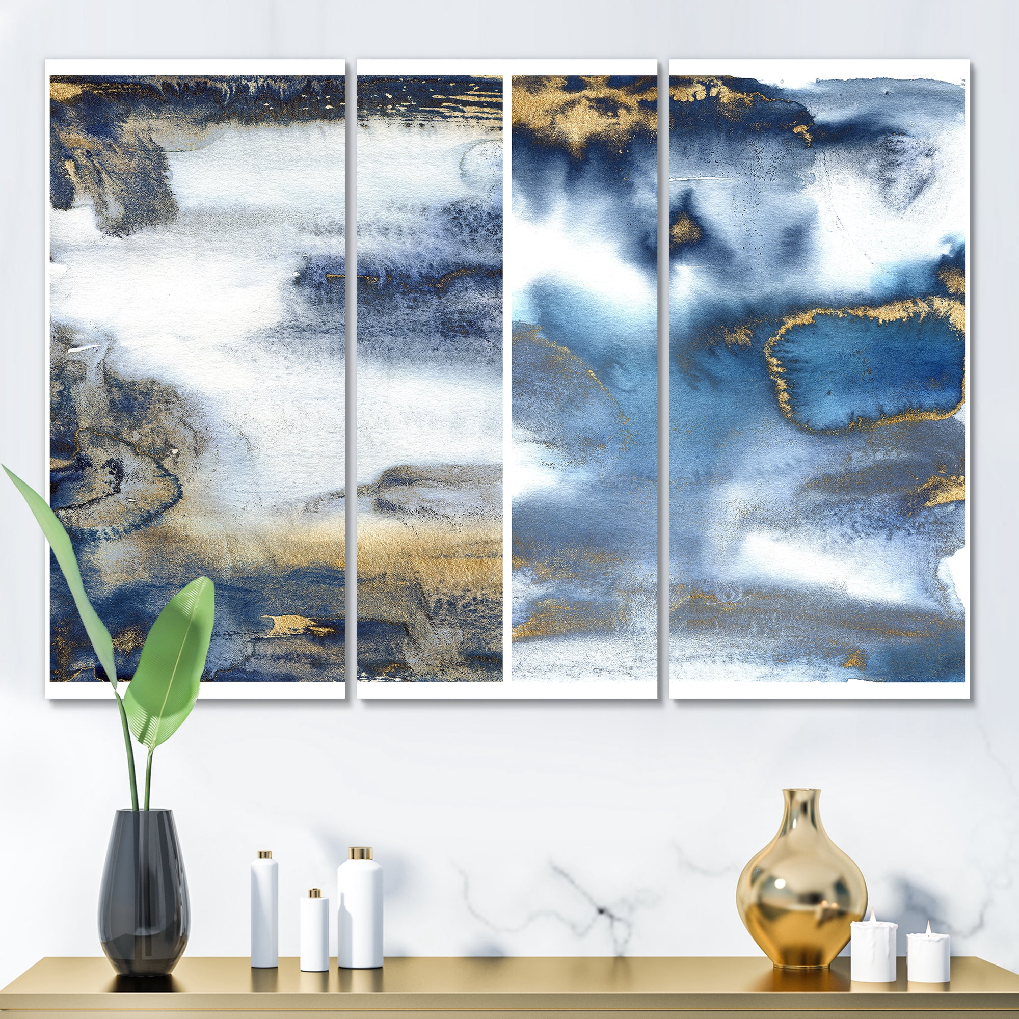 Designart ' Gold and Dark Blue Abstract Waves I ' Modern Canvas Wall Art Print