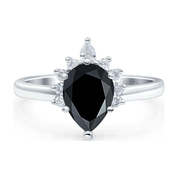 Natural Black Onyx Size-5 Art Deco Pear Teardrop Floral Vintage Style Cluster CZ Wedding Engagement Ring For Women 925 Sterling Silver Gifts For Her