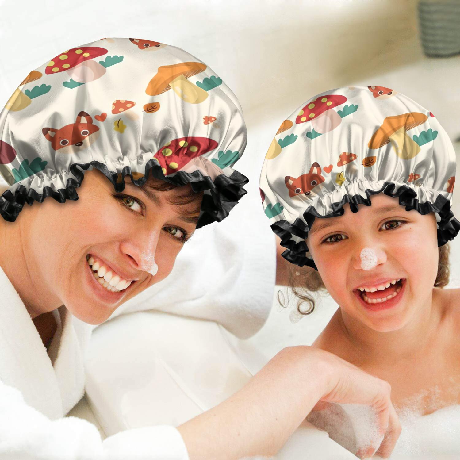 Shower Caps,Orange Mushroom Fox Light Pattern Waterproof Shower Cap for Women 4 Pieces,Double Reusable Hair Cover for Shower PEVA Elastic Stretch Hem