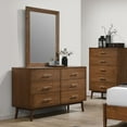 thumbnail image 2 of Walnut Finish 4pc Bedroom Set Full Size Bed Dresser Mirror Nightstand Casual Beige Fabric Panel Upholstered HB, 2 of 10