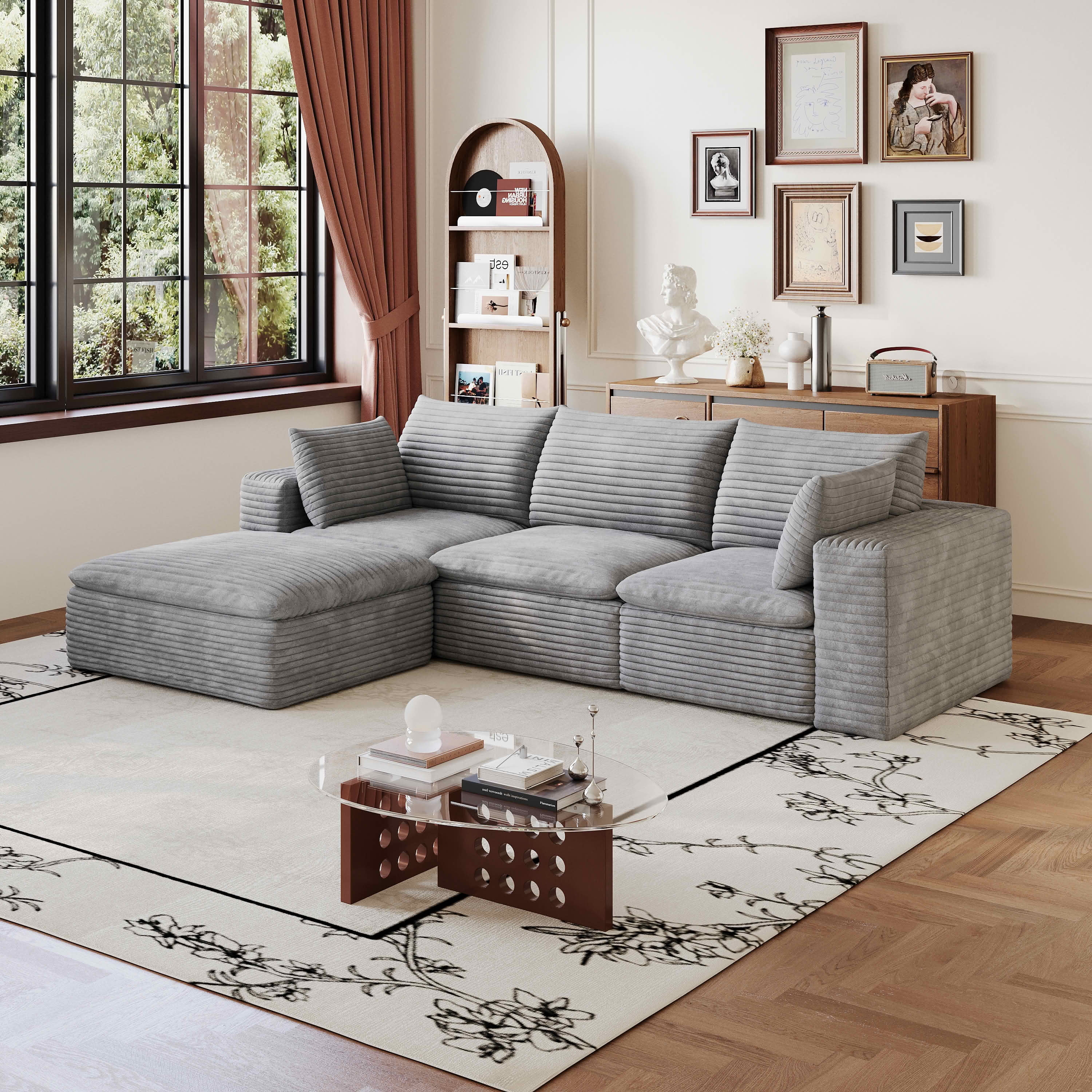 MAYEERTY 102.4 Inch Cloud Modular Sofa, Corduroy Deep‑Seat Couch with Double‑Layer Removable Cushions, No‑Assembly DIY Combination Sponge Sofa for Living Room Bedroom Conference Room Apartment