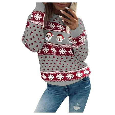 

jsaierl Womens Christmas Sweatshirts Long Sleeve Santa Graphic Top Funny Crewneck Sweatshirt Plus Size Pullover for Women Fashion 2022